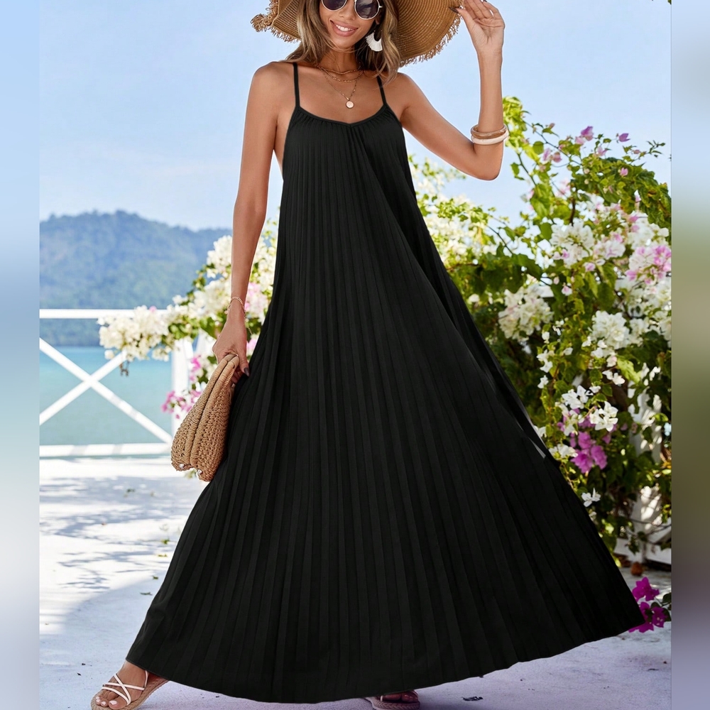 COPY - Women'S Monochrome Pleated Strap Dress Flowy Dress - Picture 4 of 5